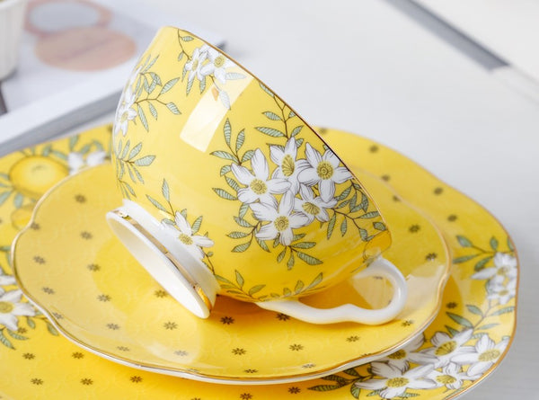 Creative Yellow Ceramic Coffee Cups, Unique Flower Coffee Cup and Saucer, Beautiful British Tea Cups, Creative Porcelain Tea Cup Set-Grace Painting Crafts