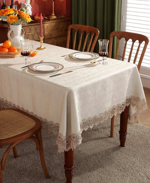 Large Simple Table Cloth for Dining Room Table, Beige Lace Tablecloth for Home Decoration, Modern Rectangle Tablecloth, Square Tablecloth for Round Table-Grace Painting Crafts