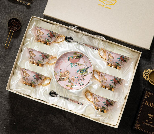Unique Tea Cup and Saucer in Gift Box, Lovely Birds Ceramic Cups, 8 oz Ceramic Coffee Cups, Afternoon Porcelain Tea Cup Set-Grace Painting Crafts