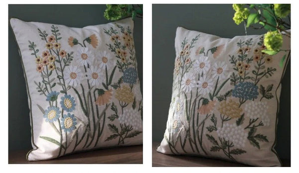 Decorative Pillows for Sofa, Flower Decorative Throw Pillows, Embroider Flower Cotton Pillow Covers, Farmhouse Decorative Throw Pillows-Grace Painting Crafts
