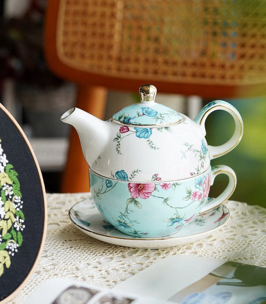 Porcelain Teapot with Matching Cup and Saucer in Gift Box, Stackable Teapot and Cup Set, Ceramic Tea Pot with Integrated Cup, Mother and Baby Teapot with Matching Saucer-Grace Painting Crafts