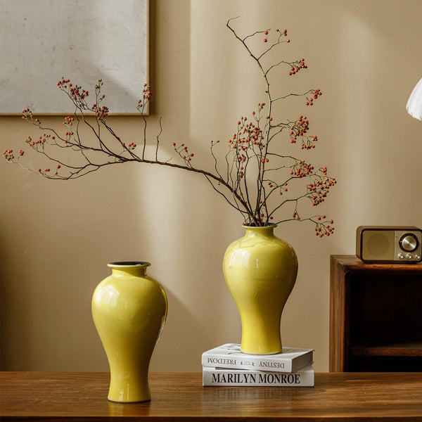 Porcelain Flower Vases, Handmade Water Holding Flower Vase, Yellow Flower Vases on Table, Ceramic Bud Vases-Grace Painting Crafts