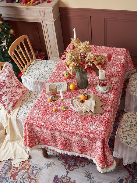 Large Fiberflax Rectangle Tablecloth for Home Decoration, Red Flower Pattern Tablecloth for Holiday Decoration, Square Tablecloth for Round Table-Grace Painting Crafts