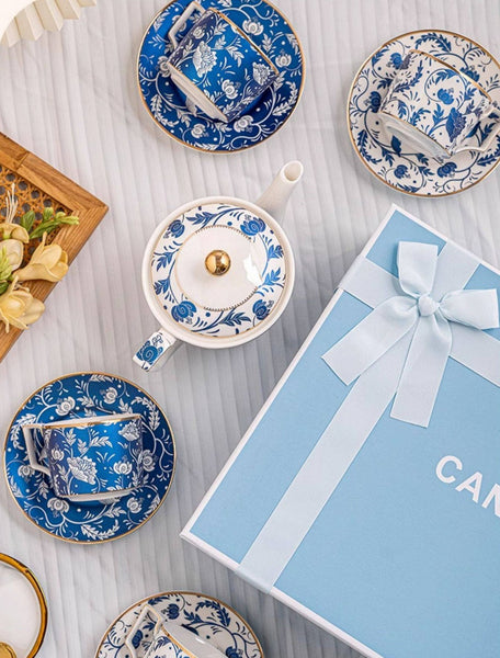 Ceramic Coffee Cup with Saucer in Gift Box, Blue Porcelain Tea Cup and Saucer Set, British Traditional Afternoon Tea Cup Set with Teapot