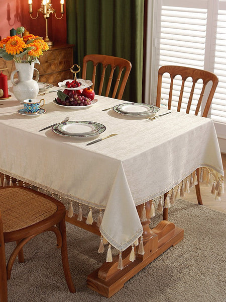 Modern Rectangle Tablecloth for Kitchen, Beige Fringes Tablecloth for Home Decoration, Square Tablecloth for Round Table, Large Simple Table Cloth for Dining Room Table-Grace Painting Crafts