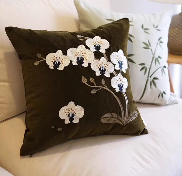 Dark Olive Green Embroidered Moth Orchid Cushion, Large Decorative Pillows for Couch, Decorative Pillow Arrangement Ideas for Couch, Living Room Decorative Pillows, Modern Throw Pillows for Bedroom-Grace Painting Crafts