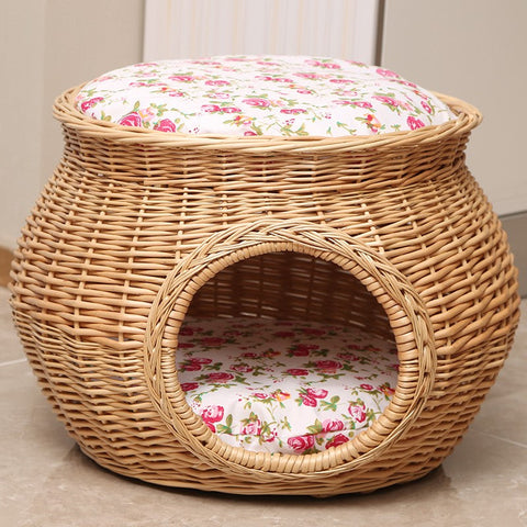 Rattan Cat Bed, Wicker Cat House Basket with Washable Cushion for Indoor Cats and Dogs-Grace Painting Crafts