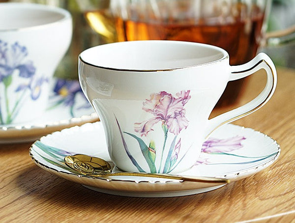 Iris Flower British Tea Cups, Beautiful Bone China Porcelain Tea Cup Set, Traditional English Tea Cups and Saucers, Unique Ceramic Coffee Cups in Gift Box-Grace Painting Crafts