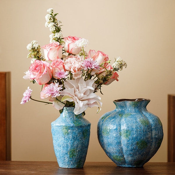 Pottery Flower Vases, Modern Bouquet Flower Vases, Centerpiece on Dining Table, Blue Flower Vase on Table, Handmade Water Holding Flower Vases-Grace Painting Crafts