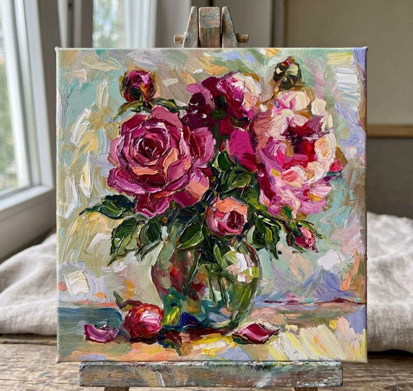 Hand Painted Canvas Art, Rose Flowers in Full Bloom, Impasto Heavy Texutre Art, Still Life Painting, Small Canvas Artwork, Original Flower Paintings-Grace Painting Crafts