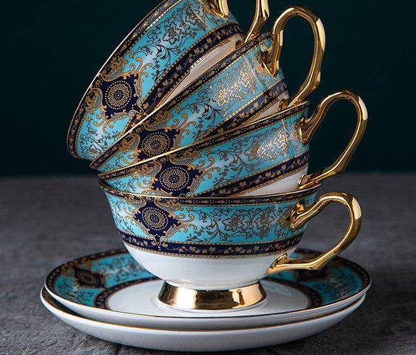Unique Tea Cup and Saucer in Gift Box, 7.4 oz British Ceramic Coffee Cups, Porcelain Tea Cup Set for Office-Grace Painting Crafts