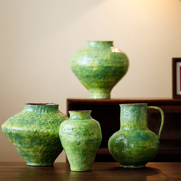 Modern Pottery Flower Vases, Handmade Water Holding Flower Vases, Pottery Bud Vases, Large Green Flower Vases on Table, Centerpiece on Dining Table-Grace Painting Crafts