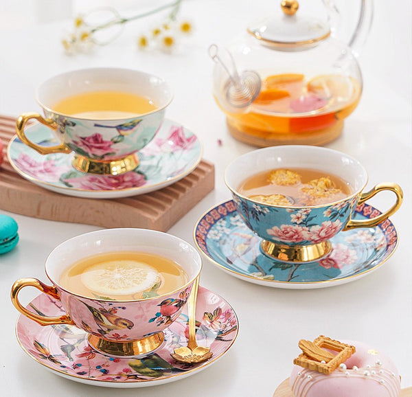 Unique Afternoon Tea Cups and Saucers in Gift Box, Royal Bone China Porcelain Tea Cup Set, Elegant Flower Pattern Ceramic Coffee Cups, Beautiful British Tea Cups-Grace Painting Crafts