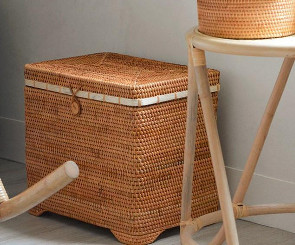 Large Rectangular Storage Basket with Lid, Rattan Storage Case, Storage Baskets for Bedroom, Rectangular Woven Storage Baskets for Clothes-Grace Painting Crafts