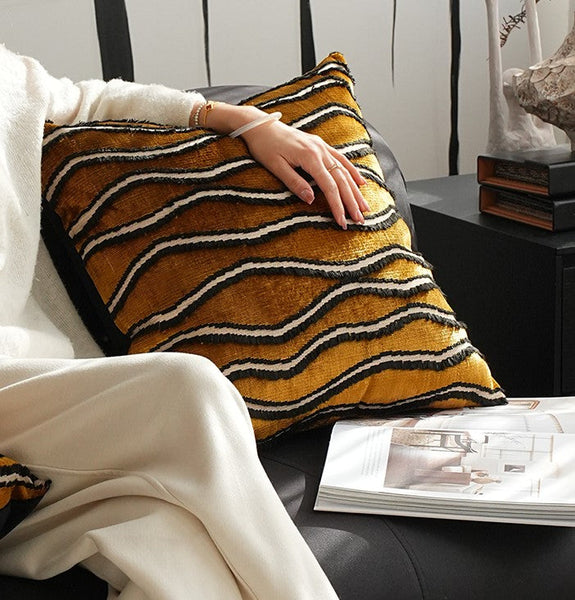 Golden Contemporary Pillows, Abstract Decorative Throw Pillows, Square Modern Throw Pillows for Couch, Large Simple Throw Pillow for Interior Design-Grace Painting Crafts