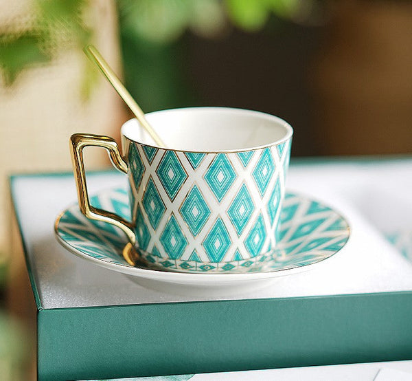 Afternoon Green British Tea Cups, Unique Ceramic Coffee Cups, Creative Bone China Porcelain Tea Cup Set, Traditional English Tea Cups and Saucers-Grace Painting Crafts