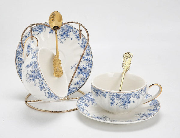 Blue Bone China Porcelain Tea Cup Set, British Royal Ceramic Cups for Afternoon Tea, Unique Blue Tea Cup and Saucer in Gift Box, Elegant Ceramic Coffee Cups-Grace Painting Crafts