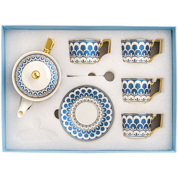 Tea Cup and Saucer Set with Teapot in Gift Box, Modern Ceramic Coffee Cups for Office, Blue Porcelain Tea Cup and Saucer Set