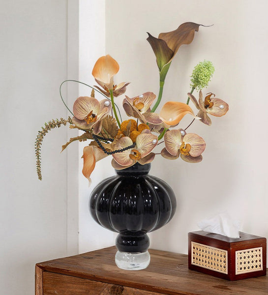Unique Contemporary Vases for Modern Home Decor, Black Glass Bud Vases, Handmade Liuli Vases, Centerpiece Vases on Table, Black Glaze Vase-Grace Painting Crafts