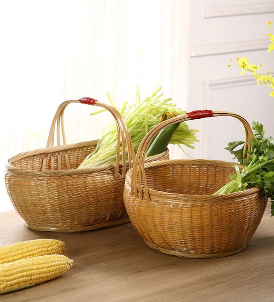 Natural Hand-woven Bamboo Basket, Natural Fruit Basket Kitchen Storage Baskets, Extra Large Picnic Food Basket with Handle, Lovely Bamboo Baskets for Vegetable-Grace Painting Crafts