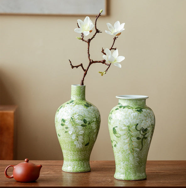 Large Flower Vases on Table, Green Porcelain Flower Vases, Centerpiece Ceramic Bud Vases, Handmade Water Holding Flower Vase-Grace Painting Crafts