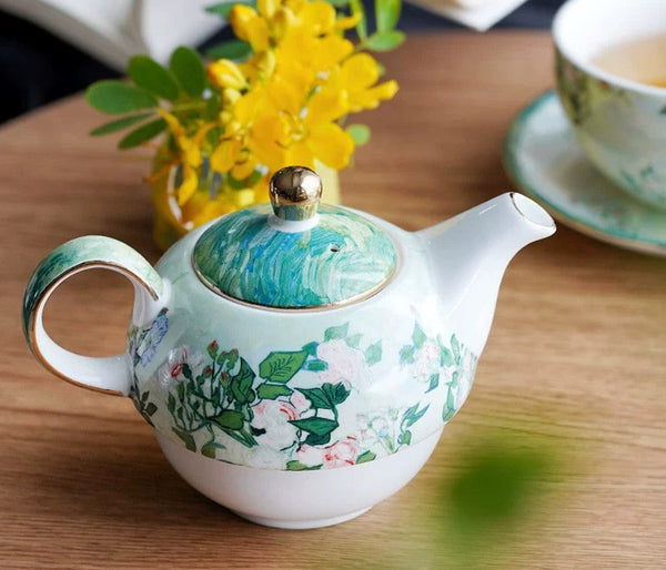 Vintage Style Stackable Tea Pot Set, English Style Tea Pot and Cup Set, Ceramic Tea Pot with Integrated Cup, Mother-and-Baby Teapot with Matching Saucer-Grace Painting Crafts