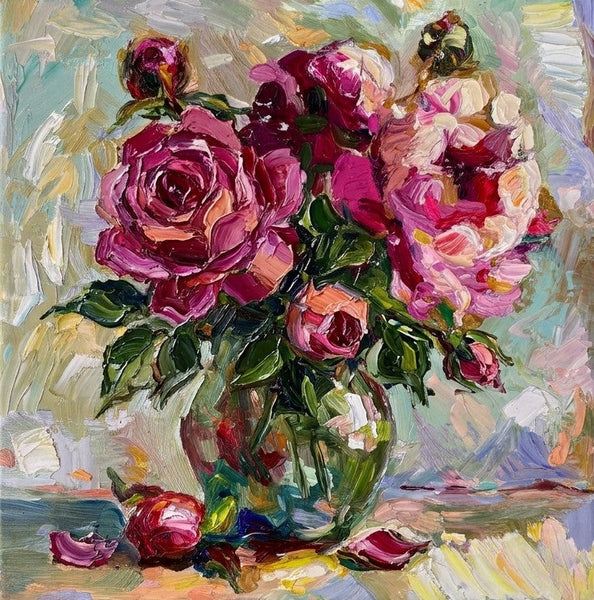 Hand Painted Canvas Art, Rose Flowers in Full Bloom, Impasto Heavy Texutre Art, Still Life Painting, Small Canvas Artwork, Original Flower Paintings-Grace Painting Crafts
