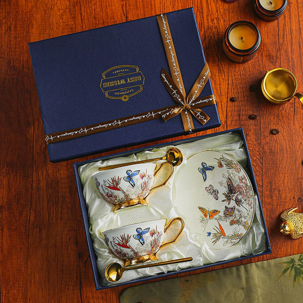 Ceramic Coffee Cups in Gift Box, Butterfly Pattern Porcelain Tea Cup and Saucer Set, British Afternoon Tea Cup and Saucer Set-Grace Painting Crafts