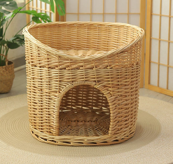 Washable Wicker Cat Bed, Wicker Cat House with Washable Cushion for Indoor Cats and Dogs-Grace Painting Crafts