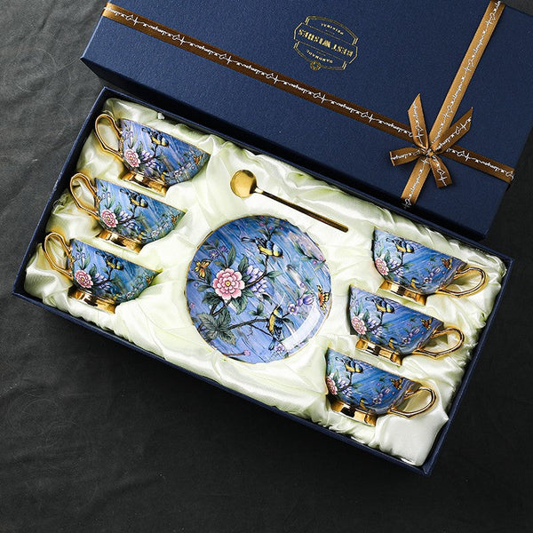 Blue Bird and Butterfly Porcelain Tea Cup Saucer Set, 7.4 oz British Tea Cup and Saucer in Gift Box, Elegant British Ceramic Coffee Cups-Grace Painting Crafts