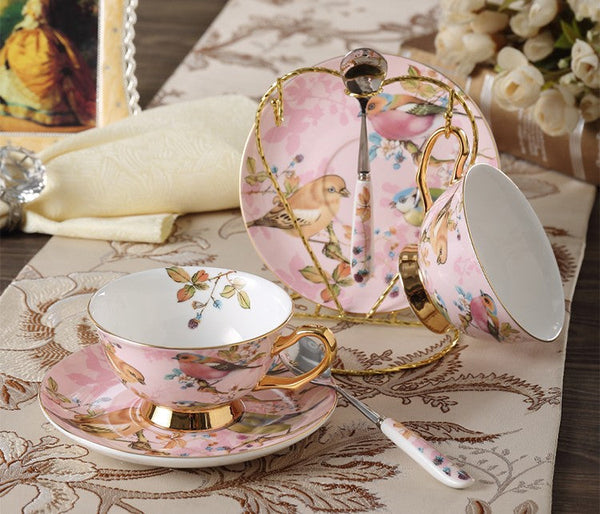 Elegant Ceramic Coffee Cups, Beautiful British Tea Cups, Bird Bone China Porcelain Tea Cup Set, Tea Cups and Saucers in Gift Box as Birthday Gift-Grace Painting Crafts