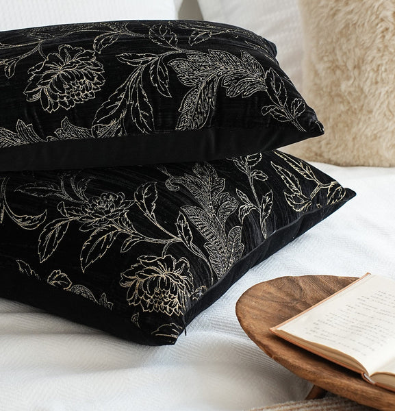 Contemporary Modern Sofa Pillows, Black Embroidery Flower Pattern Pillows for Couch, Decorative Throw Pillows for Bedroom, Large Modern Sofa Pillow for Dining Room-Grace Painting Crafts