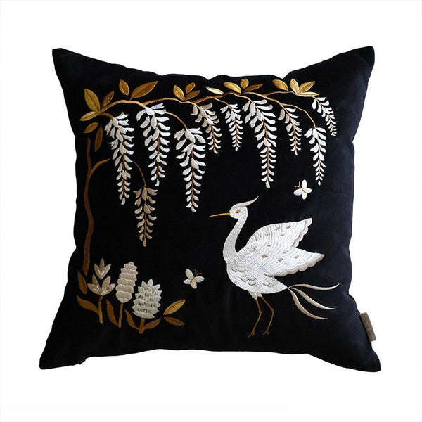 Decorative Pillow Arrangement Ideas for Bed, Embroidered Egret Cushion, Vintage Decorative Pillows, Luxury Decorative Pillows for Couch, Modern Throw Pillows for Couch-Grace Painting Crafts
