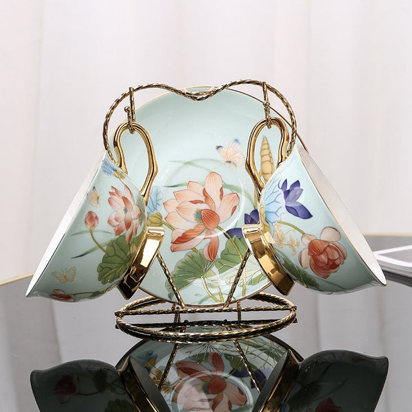 Unique British Tea Cup and Saucer in Gift Box, Lotus Flower Porcelain Tea Cup Saucer Set, Elegant British Ceramic Coffee Cups-Grace Painting Crafts