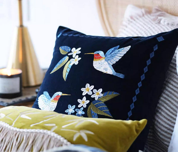 Decorative Pillow Arrangement Ideas for Couch, Vintage Decorative Pillows, Embroidered Birds Cushion, Decorative Pillows for Couch, Modern Throw Pillows for Bedroom-Grace Painting Crafts