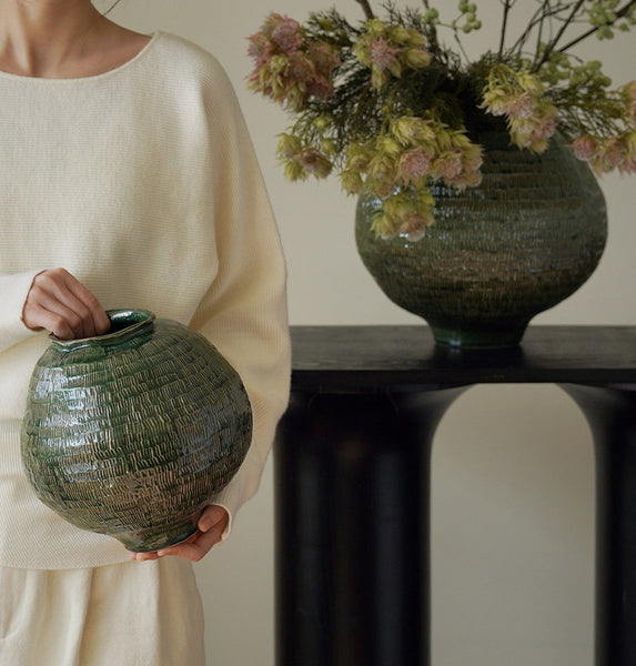 Centerpiece Ceramic Bouquet Vases, Green Porcelain Vases for Modern Home Decor, Large Contemporary Vases on Dining Table, Handmade Modern Flower Vase-Grace Painting Crafts