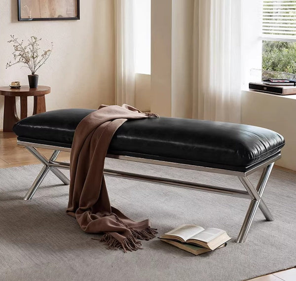 Modern Shoe Changing Ottoman, Mid-Century Hall Bench, Luxury Genuine Leather Entry Bench, Upholstered Shoe Bench, Contemporay Bedroom Bench, Narrow Entryway Bench-Grace Painting Crafts