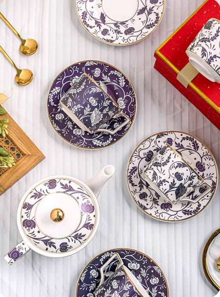 Porcelain Tea Cup and Saucer Set, British Traditional Afternoon Tea Cup Set with Teapot, Ceramic Coffee Cup with Saucer in Gift Box