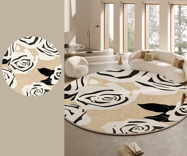 Abstract Contemporary Rugs for Bedroom, Modern Round Rugs under Coffee Table, Circular Rugs for Dining Table, Modern Cream Color Rugs for Living Room-Grace Painting Crafts