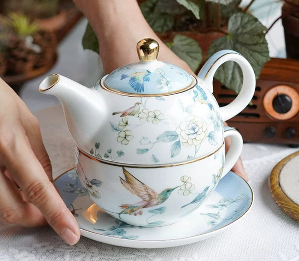 Stackable Teapot and Cup Set, Ceramic Tea Pot with Integrated Cup, Porcelain Teapot with Matching Cup and Saucer in Gift Box, Mother-and-Baby Teapot with Matching Saucer-Grace Painting Crafts
