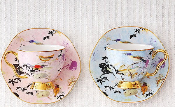 Unique Bird Flower Tea Cup and Saucer in Gift Box as Birthday Gift, Elegant Ceramic Coffee Cups, Afternoon British Tea Cups, Royal Porcelain Tea Cup Set-Grace Painting Crafts