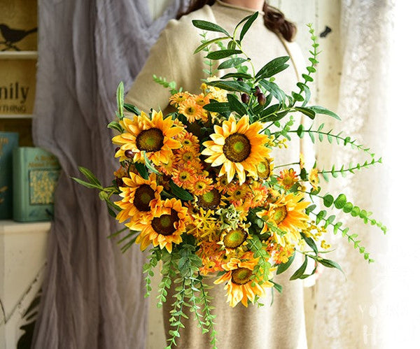 Large Bunch of Yellow Sunflowers, Unique Floral Arrangement for Home Decoration, Table Centerpiece, Real Touch Artificial Flowers for Living Room-Grace Painting Crafts