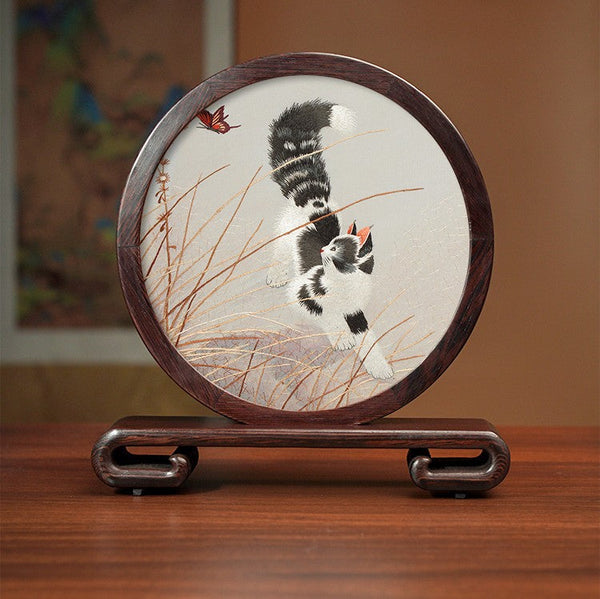 Unique Birthday Gift, Traditional Chinese Suzhou Kitten Embroidery Ornament, Lovely Kitty Cat Embroidered Decor, Premium Souvenir, Exclusive Business Present-Grace Painting Crafts