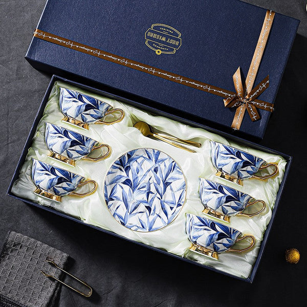 Unique British Tea Cup and Saucer in Gift Box, Blue Porcelain Tea Cup Saucer Set, 7.4 oz British Ceramic Coffee Cups-Grace Painting Crafts