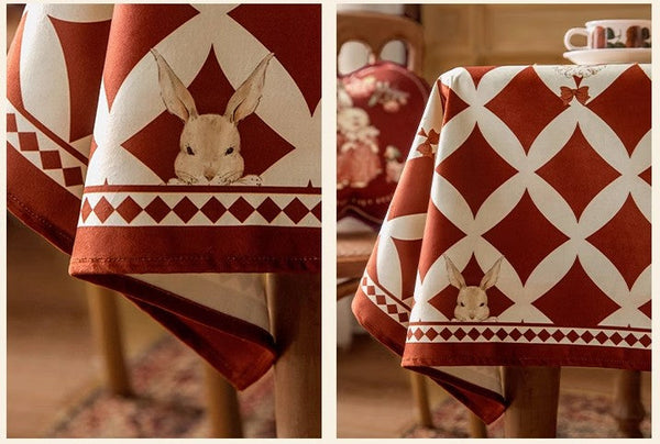 Holiday Red Tablecloth for Dining Table, Rabbit Pattern Table Cover for Dining Room Table, Modern Rectangle Tablecloth for Oval Table-Grace Painting Crafts