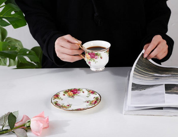 Beautiful British Flower Tea Cups, Unique Porcelain Cup and Saucer, Elegant Ceramic Coffee Cups, Creative Bone China Porcelain Tea Cup Set-Grace Painting Crafts
