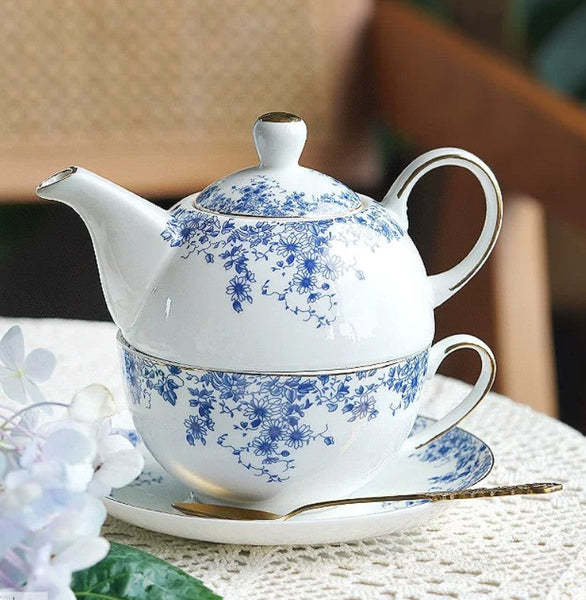 Mother and Baby Teapot with Matching Saucer British Style Porcelain Teapot with Matching Cup and Saucer in Gift Box, Ceramic Tea Pot with Integrated Cup, Stackable Teapot and Cup Set-Grace Painting Crafts