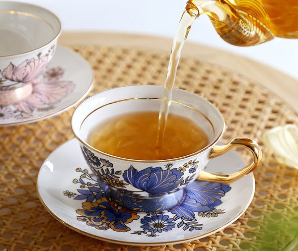 Afternoon British Tea Cups, Unique Iris Flower Tea Cups and Saucers in Gift Box, Elegant Ceramic Coffee Cups, Royal Bone China Porcelain Tea Cup Set-Grace Painting Crafts