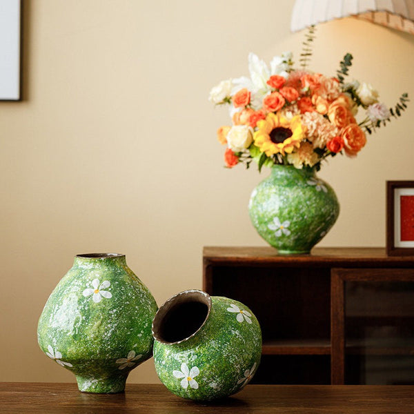 Modern Pottery Flower Vases, Centerpiece on Dining Table, Handmade Water Holding Flower Vases, Pottery Bud Vases, Large Green Flower Vases on Table-Grace Painting Crafts