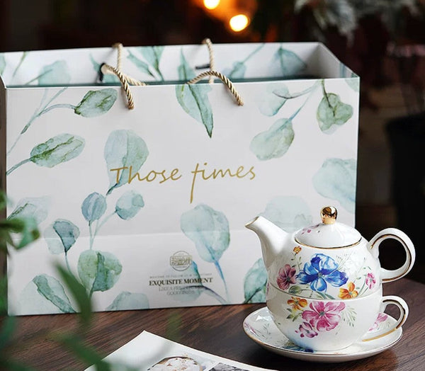 Ceramic Tea Pot with Integrated Cup, Stackable Teapot and Cup Set, Porcelain Teapot with Matching Cup and Saucer in Gift Box, Mother and Baby Teapot with Matching Saucer-Grace Painting Crafts